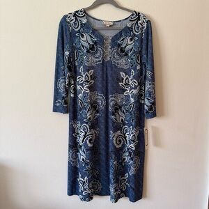 Ivy Road Paisley Floral Pattern 3/4 Sleeve Silver Ring Neckline Swing Dress